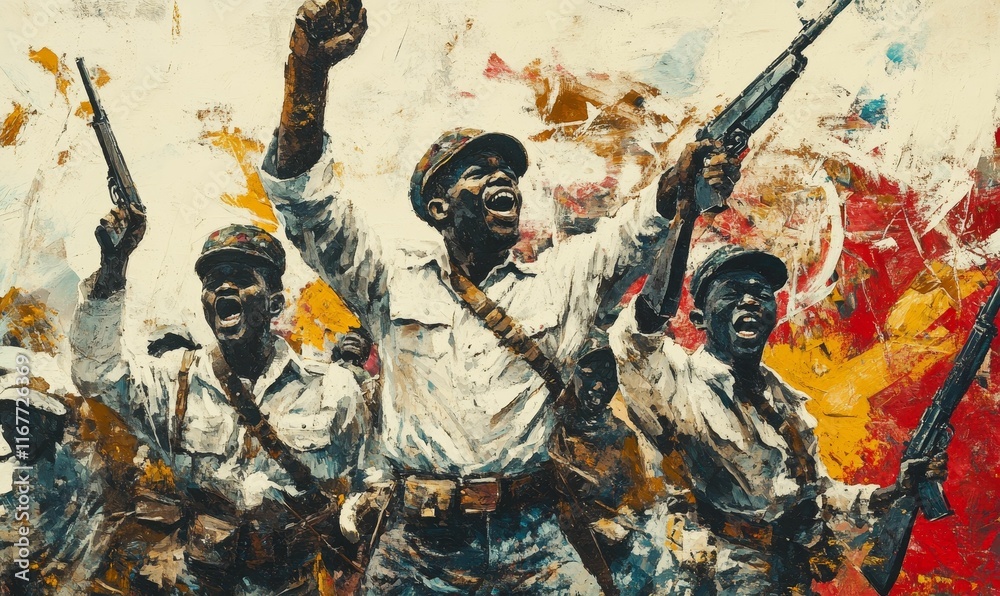 Fototapeta premium Rebel soldiers revolt, weapons raised, vibrant background.