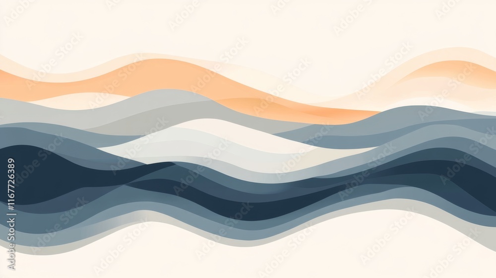 Fototapeta premium Abstract wavy landscape in muted blue and orange tones.