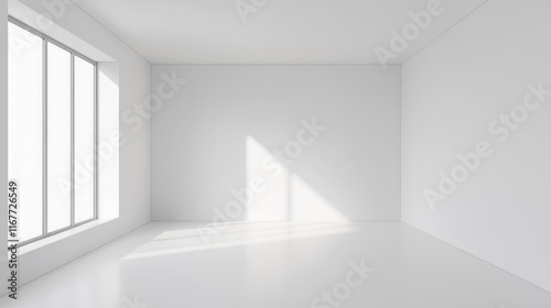Minimalist sunlit room with large window and bare white walls