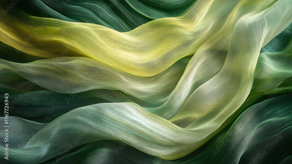 Obraz premium Flowing green and yellow fabrics creating a serene wave pattern