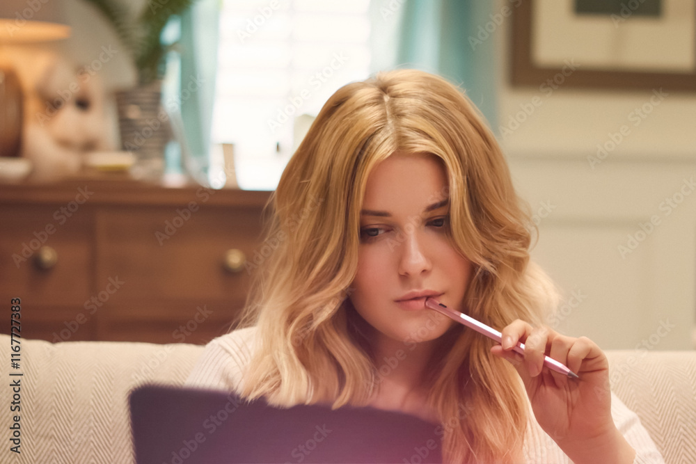 Woman, pen and laptop, thoughtful planning and creative brainstorming. Blonde beautiful woman, remote work and online productivity on sofa, casual elegance and focus on project goals idea Woman, pen and laptop, thoughtful planning and creative brainstorming. Blonde beautiful woman, remote work and online productivity on sofa, casual elegance and focus on project goals idea