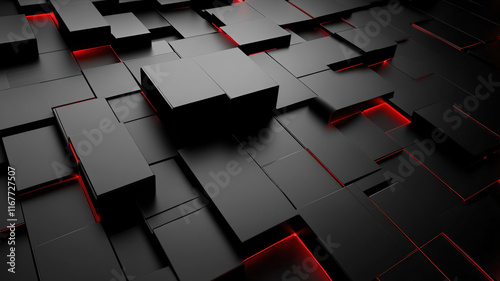 Fototapeta Naklejka Na Ścianę i Meble -  Abstract black 3D geometric blocks with glowing red lines, futuristic design, and modern digital background texture
