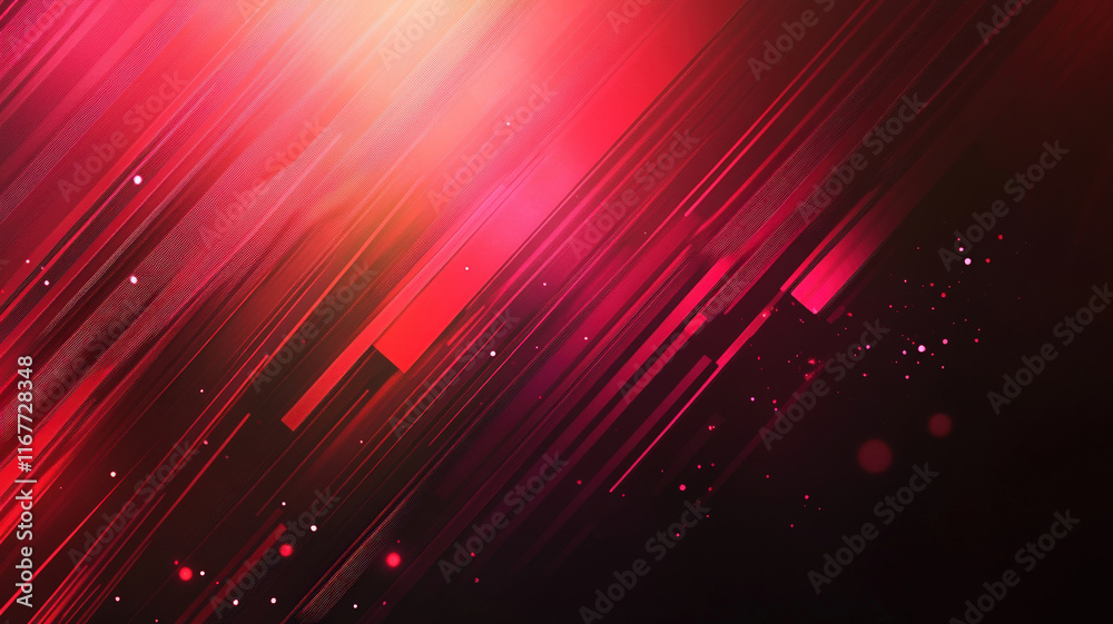 Fototapeta premium Abstract red and pink diagonal light streaks with glowing particles on a dark background.