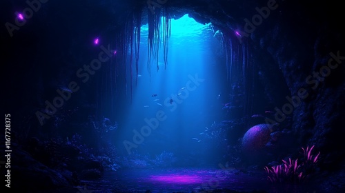 Underwater cave with glowing coral and fish. photo