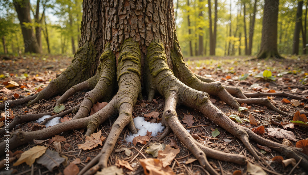 Thawing forest ground around tree roots, natural renewal Thawing forest ground around tree roots, natural renewal