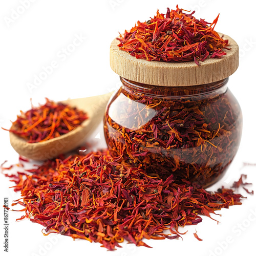 A delicate heap of saffron threads with a soft golden hue on a transparent background, Saffron Threads