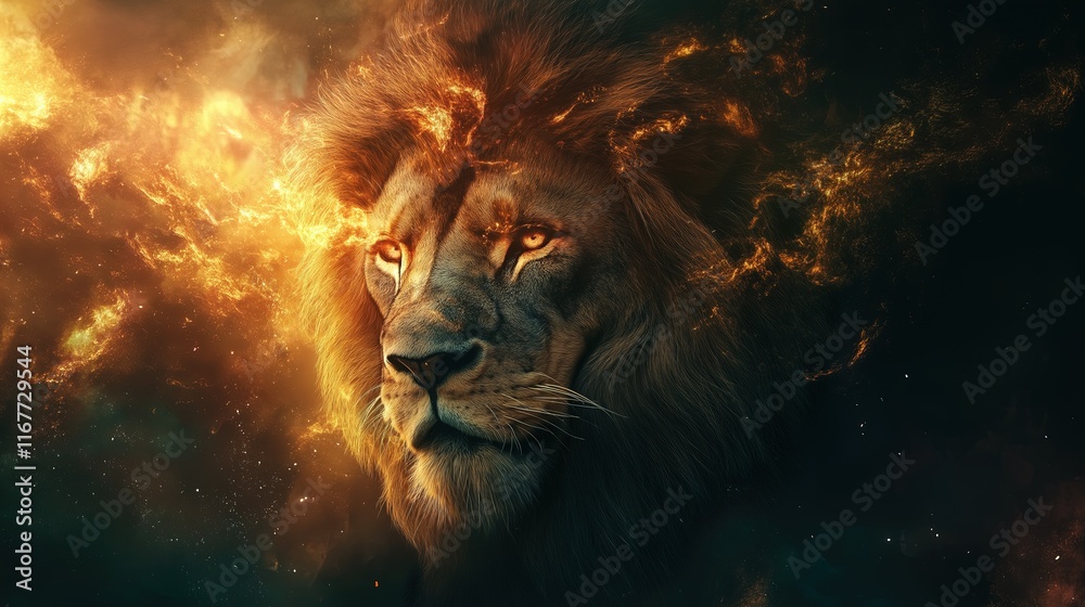 Fototapeta premium A lion with a glowing face is the main focus of the image