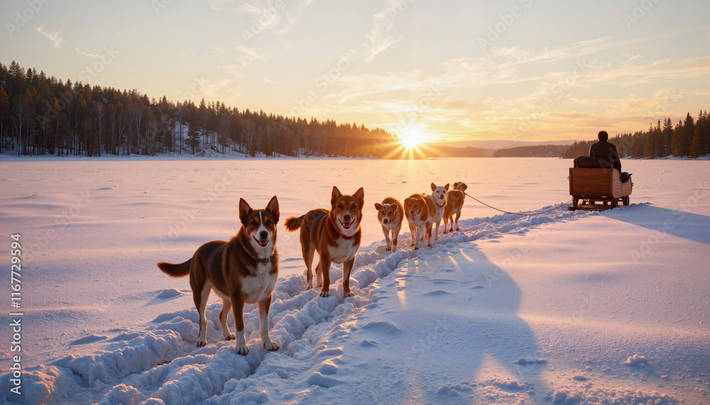 Naklejka premium Friendly dog sled team ready to go in snowy landscape at sunrise, adventure