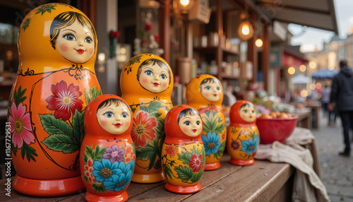 Brightly painted Matryoshka dolls arranged on market stall, festive spirit photo