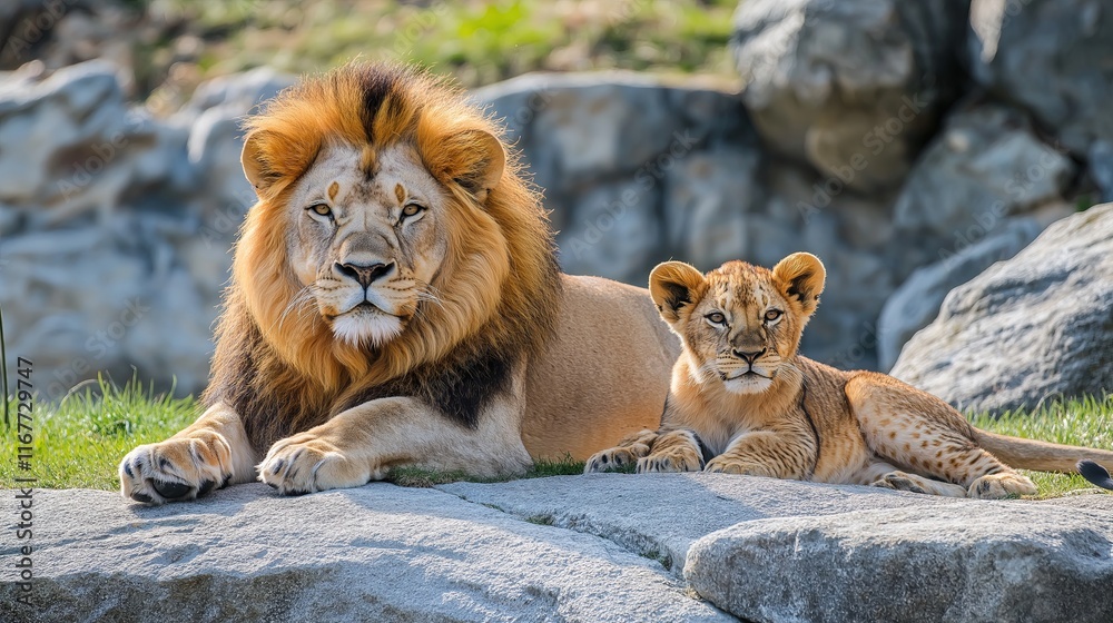Naklejka premium A lion and a cub are laying on a rock