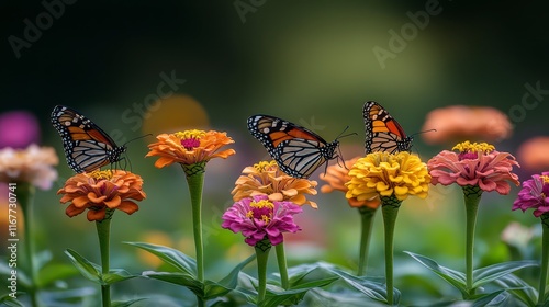 Three monarch butterflies on vibrant zinnias in a garden. photo