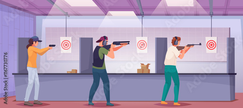 Shooting gallery. Indoor interior with different shooting targets and people with weapons exact vector cartoon background