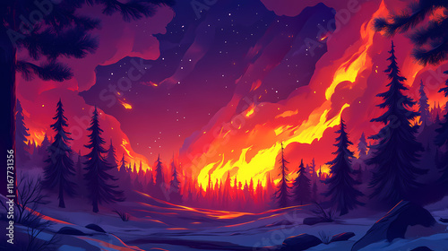 Wallpaper Mural Dramatic forest fire illuminates night sky with fiery flames and smoke. Frostwind. Illustration Torontodigital.ca