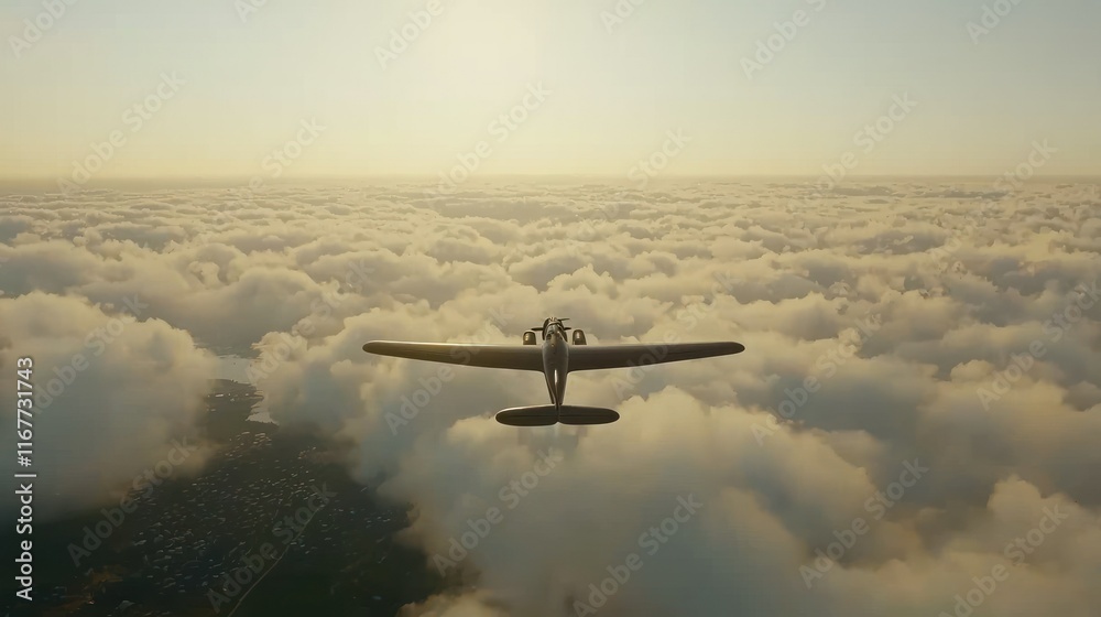 Fototapeta premium Above the Clouds: A Propeller Plane Soaring Through Golden Hour Skies