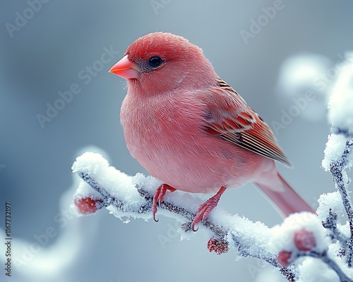 Purple Finch Haemorhous purpureus rosyred bird perched a snowdusted twig standing out vividly against a muted winter forest background photo