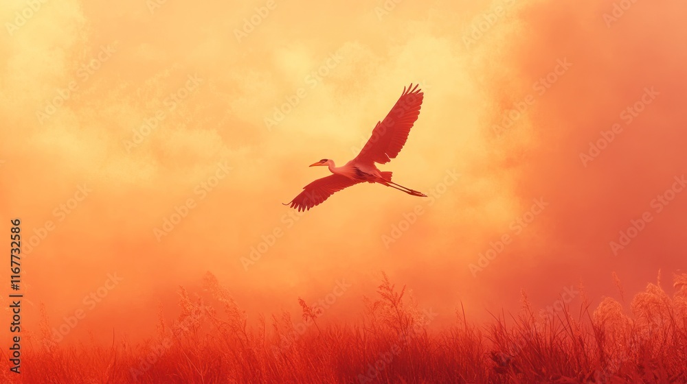 Fototapeta premium Heron in flight at sunset over tall grass.