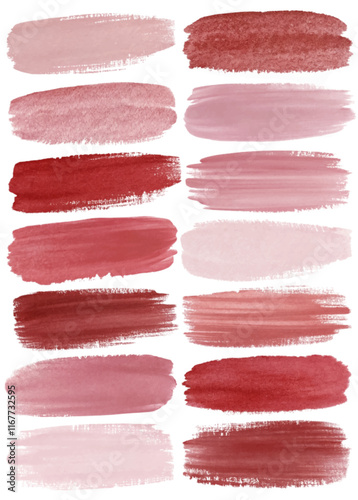 Soft pink hues, rich red swatches, artistic brush strokes, color palette, modern design, abstract texture.