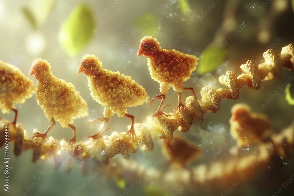 Fototapeta premium Golden chicks traverse twisting, textured path.
