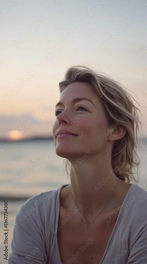 Serene woman enjoying sunset at the beach. Serene woman enjoying sunset at the beach.