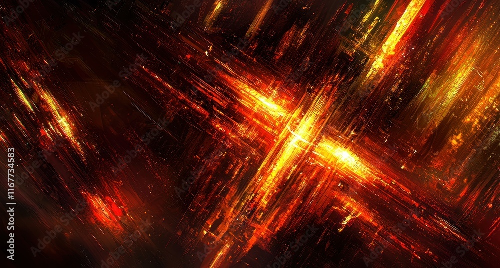 Obraz premium Fiery Abstract Metropolis: A digital painting of an imaginary city glowing with intense orange and red lights, creating a dynamic and energetic composition.