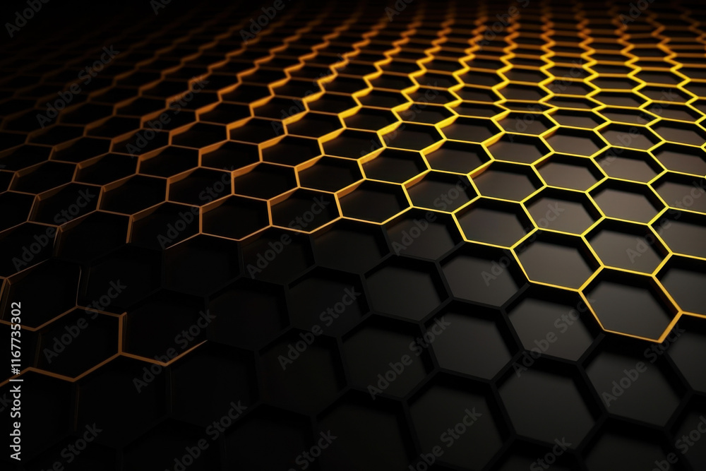 Hexagonal honeycomb grid with glowing golden edges creating a futuristic design concept Hexagonal honeycomb grid with glowing golden edges creating a futuristic design concept