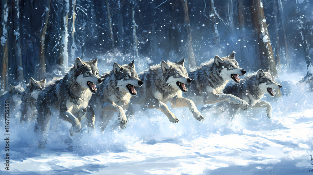 Naklejka premium A pack of wolves running through a snowy forest, showcasing their strength and unity in the wild. Frostwind. Illustration