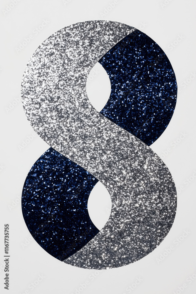 Silver and Navy Metallic Glitter Number 8 on a Plain Background Silver and Navy Metallic Glitter Number 8 on a Plain Background