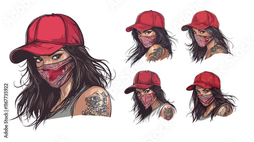Gangster girl cartoon vector set. Baseball cap long hair young female face bandana character, criminal thug woman chicano tattoos flashes avatars, isolated on white backdrop