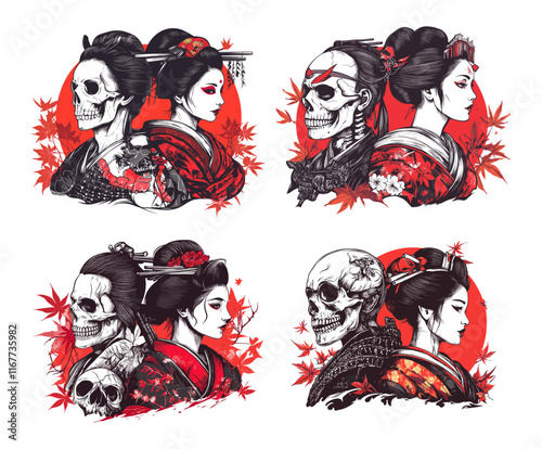 Geisha and skeleton samurai cartoon concepts. Asian dead ancient traditional warrior soldier japan woman human head remains, isolated vector on white background