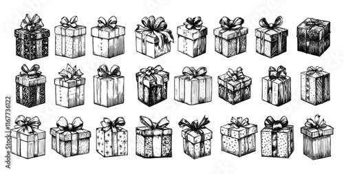 Gift boxes engraving vector set. Bows present packages, paper wrapped celebration holiday containers, hand drawn retro monochrome vintage style, isolated vectors on white background