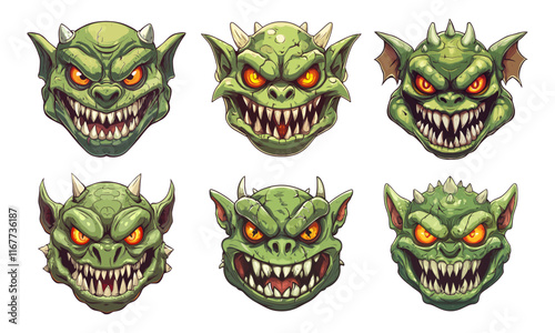Goblin heads cartoon vector set. Orc fangs horns smiling avatars, green skinned grinning troll mythical evil character little creepy gremlin creature, game assets art isolated vectors on white