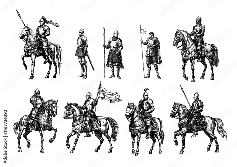 Horse medieval knights engraving vector set. Steel plate armor spears swords shields ancient soldier trooper warriors characters, old battle field army assault forces, hand drawn illustrations