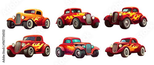 Hot rod cartoon vector set. American burning flame prints muscle classical old vintage car, four wheeled retro vehicle isolated vector on white background