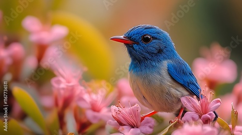 Redlegged Honeycreeper Cyanerpes cyaneus small electric blue bird bright red legs feeding on nectar in a lush rainforest photo