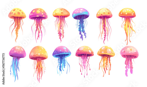Jellyfish cartoon vector set. Floating underwater sea exotic ocean animals, undersea marine lucid sheer tentacles creatures, isolated vectors on white background