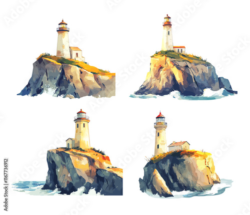 Lighthouse watercolor vector scenes. Atop a cliff old building, lighting beacon sea signal, mountains reefs standing strongly ocean waves crashing, isolated illustration on white background