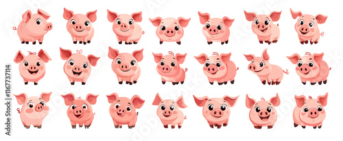 Little piggies cartoon vector set. Different poses small pig, country side rural animal farm cute character children kid personages, isolated on white background