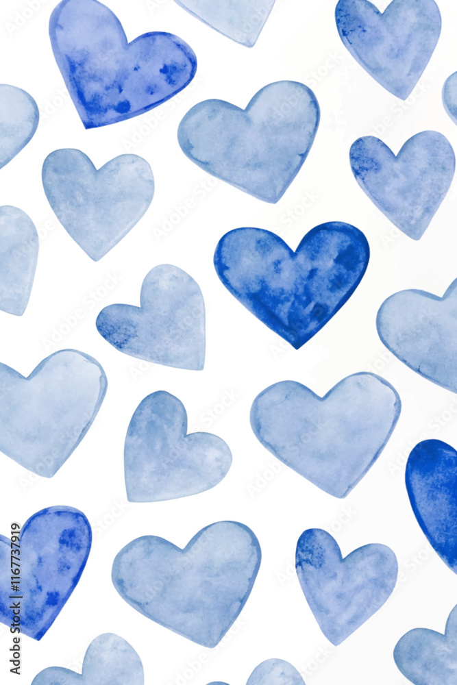 Fototapeta premium Blue watercolor hearts, soft pastel colors, seamless pattern design, romantic and playful style, perfect for backgrounds.