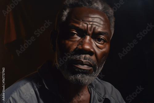 Portrait of an elderly man with deep features and contemplative expression in soft lighting