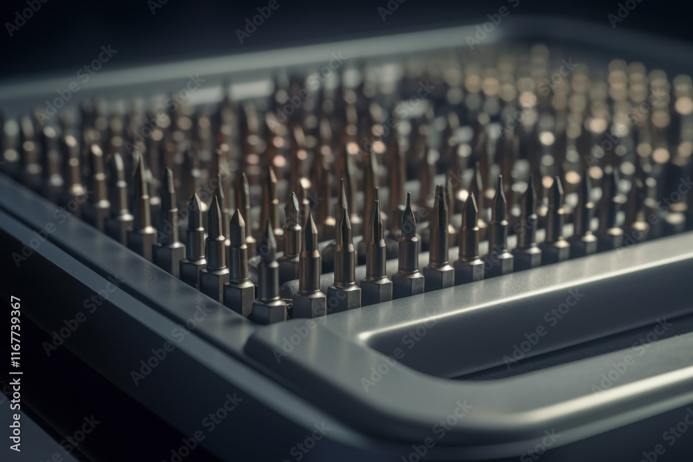 Precision metal drill bit set displayed on a sleek reflective surface in professional lighting Precision metal drill bit set displayed on a sleek reflective surface in professional lighting