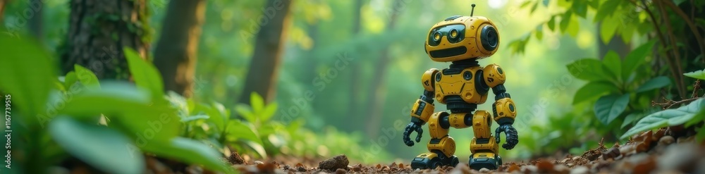 Robot made from recycled plastic in a jungle setting , tech, nature Robot made from recycled plastic in a jungle setting , tech, nature