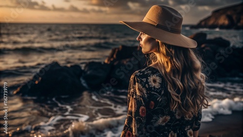 Woman on the beach wearing a hat.