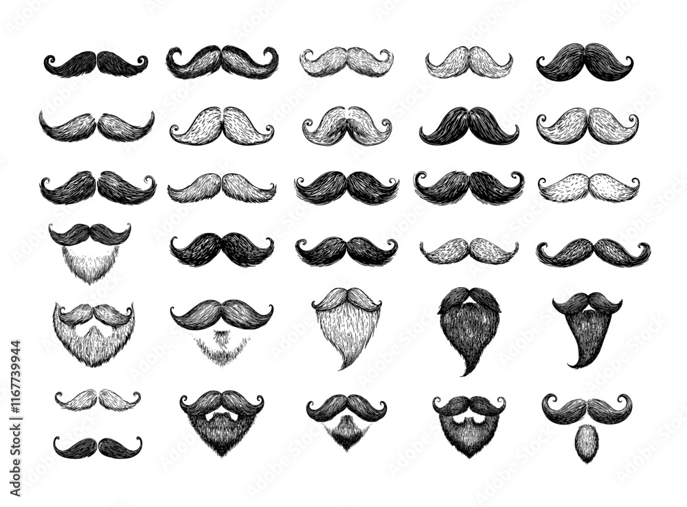 Mustache engraving vector set. Men gentlemen hipsters barbers beards facial hair curls, retro vintage shapes isolated vectors on white background