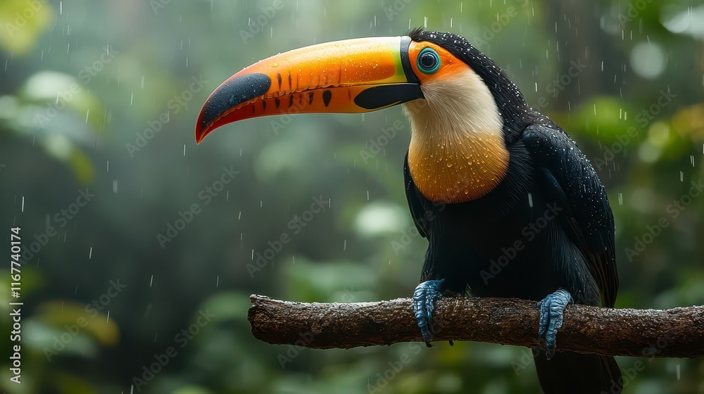 Fototapeta premium Toucan perched on branch in rainforest rain.