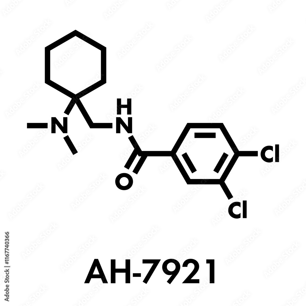 AH-7921 opioid analgesic drug molecule. Skeletal formula. AH-7921 opioid analgesic drug molecule. Skeletal formula.