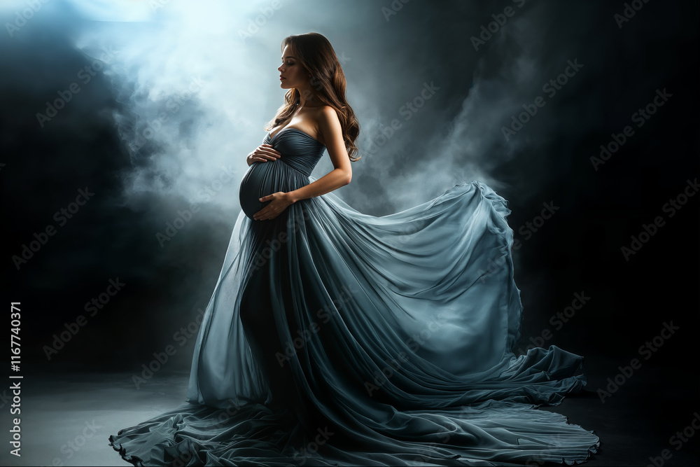 Beautiful expectant mother posing in flowing gown against a dramatic smoky backdrop Beautiful expectant mother posing in flowing gown against a dramatic smoky backdrop