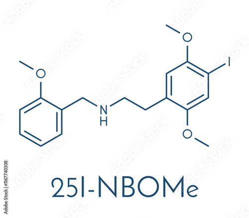 25I-NBOMe hallucinogenic designer drug molecule. Skeletal formula.