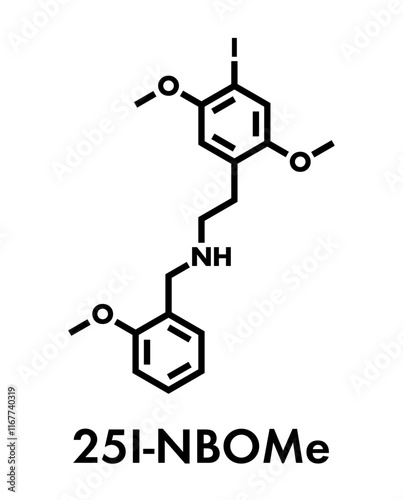 25I-NBOMe hallucinogenic designer drug molecule. Skeletal formula.