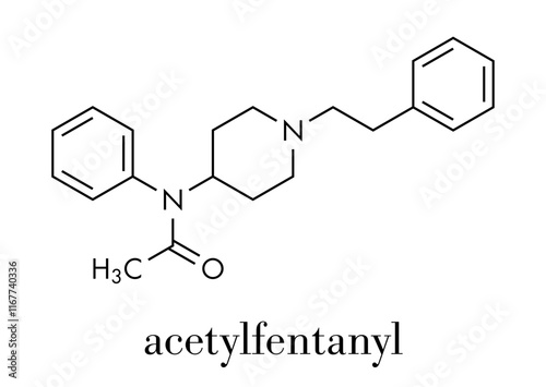 Acetylfentanyl synthetic opioid drug molecule. Skeletal formula.