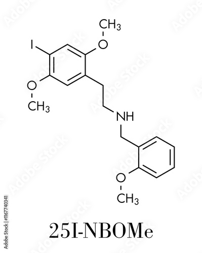 25I-NBOMe hallucinogenic designer drug molecule. Skeletal formula.